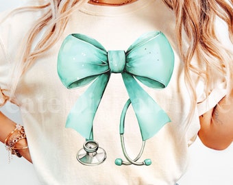 Coquette Bow Stethoscope Sublimation Design PNG, Nurse Bow Stethoscope Trendy Shirt Design Digital Download Transparent Background