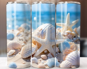 Seashells Beach Ocean Sublimation Design, 20oz Skinny Tumbler Digital Download, Tumbler wrap png
