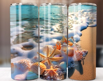 Seashells Beach Ocean Sublimation Design, 20oz Skinny Tumbler Digital Download, Tumbler wrap png