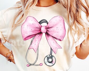 Coquette Bow Stethoscope Sublimation Design PNG, Nurse Bow Stethoscope Trendy Shirt Design Digital Download Transparent Background