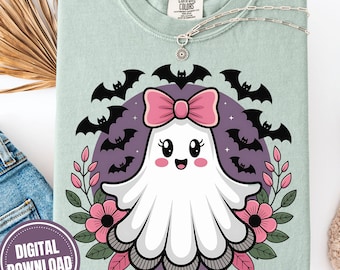 Cute Ghost PNG Halloween Boo Ghost Pink Bow Png Shirt Sublimation Design Boo Ghost Shirt Png, Cute Boo Halloween 2025 PNG Designs