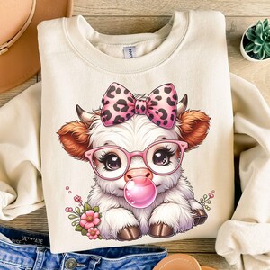 Highland Cow Bubble Gum Sublimation Design PNG, Baby Highland Cow Trendy Shirt Design Digital Download Transparent Background