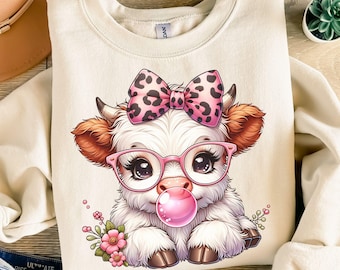Highland Cow Bubble Gum Sublimation Design PNG, Baby Highland Cow Trendy Shirt Design Digital Download Transparent Background
