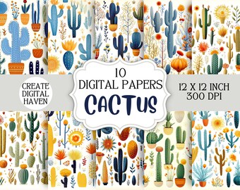 May include: Ten digital papers featuring a cactus theme. The papers are 12x12 inches and 300 DPI. The papers feature a variety of cactus designs in shades of blue, green, yellow, and orange.