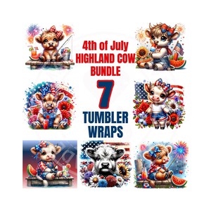 4th of July Highland Cow Sublimation Design Bundle, 20oz Skinny Tumbler Digital Download PNG, 4th of July Highland Cow Tumbler Wraps