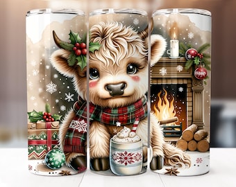 May include: A tumbler featuring a cute Highland cow with a red and green plaid scarf, holly, and a mug of hot cocoa. The design includes a fireplace, Christmas ornaments, and snowflakes, creating a festive winter theme.