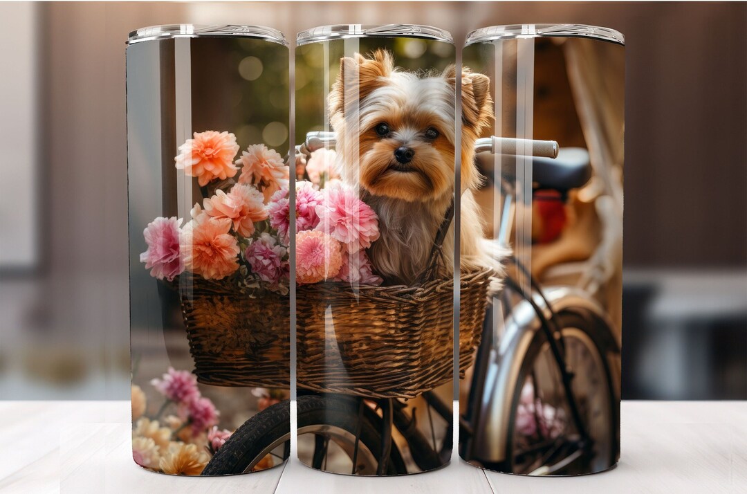 Yorkie in a Bicycle Basket Sublimation Design, 20oz Skinny Tumbler