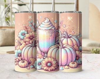 Pastel Fall Pumpkin Sublimation Design, 20oz Skinny Tumbler Digital Download PNG, Autumn Pumpkin Tumbler Wrap