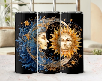 Puede incluir: Tres vasos de acero inoxidable con fondo negro y un diseño de luna creciente y sol con caras. La luna es azul y dorada y el sol es amarillo y dorado. El diseño está rodeado de patrones florales dorados y azules.