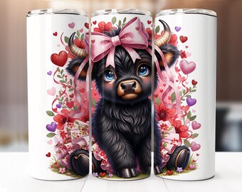 Valentines Day Highland Cow Tumbler Wrap, 20oz Skinny Tumbler Digital Download PNG, Highland Cow Sublimation Design, Valentine Tumbler Wraps