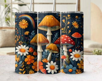 Mushroom Daisies Tumbler Wrap, 20oz Skinny Tumbler Digital Download PNG, Cottagecore Mushroom Sublimation Design, Nature PNG