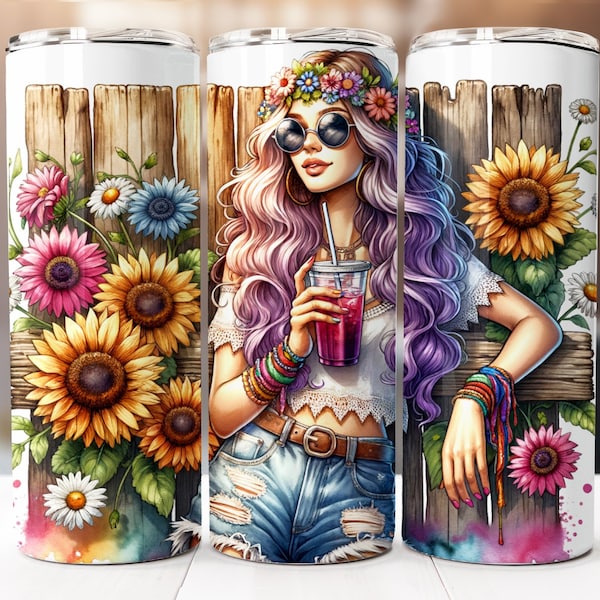 Groovy Hippie Sublimation Design, 20oz Skinny Digital Download PNG, Tumbler Wrap