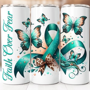Teal Ribbon Cancer Awareness Tumbler Wrap, 20oz Skinny Tumbler Digital Download PNG, Teal Awareness Ribbon Sublimation Design