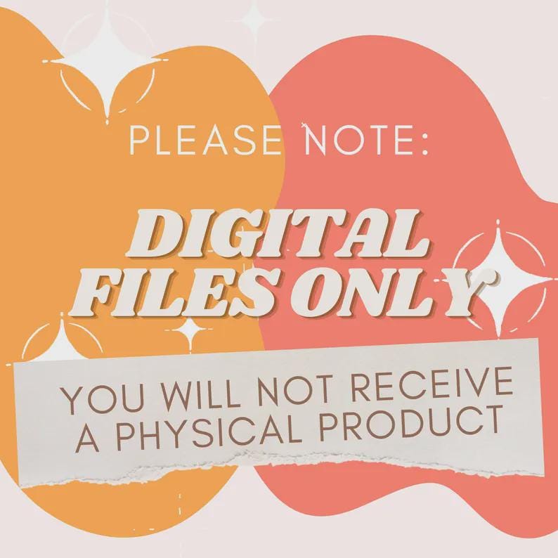Op de afbeelding: Grafisch ontwerp met een oranje en koraal achtergrond. De tekst "PLEASE NOTE: DIGITAL FILES ONLY" wordt weergegeven in een vet, wit lettertype. Hieronder staat de tekst "YOU WILL NOT RECEIVE A PHYSICAL PRODUCT" op een gescheurde papieren banner.