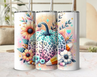 Pastel Fall Pumpkin Sublimation Design, 20oz Skinny Tumbler Digital Download PNG, Autumn Tumbler Wrap