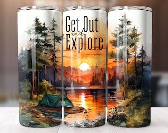 Camping Sublimation Design, 20oz Skinny Tumbler, Digitale Download, Tumbler wrap png, Ga erop uit en ontdek