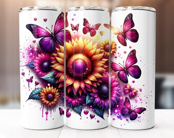 Butterflies With Sunflowers Tumbler Wrap, 20oz Skinny Digital Download PNG, Seamless Sunflower Butterfly Sublimation Design