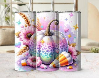 Pastel Fall Pumpkin Sublimation Design, 20oz Skinny Tumbler Digital Download PNG, Autumn Tumbler Wrap