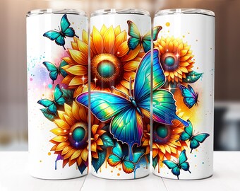 Butterflies With Sunflowers Tumbler Wrap, 20oz Skinny Digital Download PNG, Seamless Sunflower Butterfly Sublimation Design