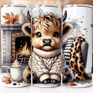May include: A white tumbler featuring a cozy illustration of a Highland cow wearing a cream-colored sweater, sitting in front of a fireplace. The design includes autumn leaves, a cup of hot chocolate, and a leopard print blanket.