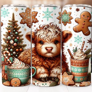 Christmas Highland Cow Tumbler Wrap, 20oz Skinny Tumbler Digital Download PNG, Highland Cow Sublimation Design for Christmas