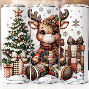 May include: Three white insulated tumblers with a Christmas theme. One features a decorated tree and gifts, another a cartoon reindeer, and the third has wrapped gifts. The tumblers are decorated with snowflakes and a star.