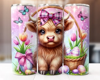 Easter Highland Cow Sublimation Design, 20oz Skinny Tumbler Digitale Download PNG, Easter Tumbler Wrap
