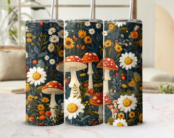 Mushroom Daisies Tumbler Wrap, 20oz Skinny Tumbler Digital Download PNG, Cottagecore Mushroom Sublimation Design, Nature PNG