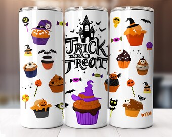 May include: Three white stainless steel tumblers with Halloween-themed designs. Each tumbler features cupcakes, bats, candy, and the words "Trick or Treat." The cupcakes have witch hats and jack-o'-lantern faces.