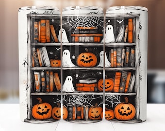 Book Lover Halloween Ghost 20 oz Skinny Tumbler Sublimation Design, Halloween Tumbler Wrap, Spooky PNG, Trendy PNG, Digital Download