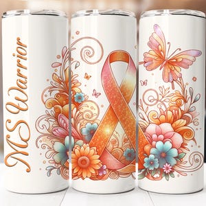 May include: White tumbler with an orange ribbon, flowers, and a butterfly. The text "Miss Warrior" is printed on the tumbler.