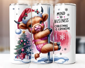 Seamless Funny Christmas Highland Cow Tumbler Wrap, 20oz Skinny Tumbler Wrap Digital Download PNG, Funny Christmas Sublimation Design