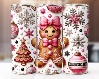Seamless Christmas Gingerbread Tumbler Wrap, 20oz Skinny Tumbler Digital Download PNG, Pink Christmas Gingerbread Sublimation Design