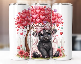 Seamless Valentine Highland Cow Tumbler Wrap, 20oz Skinny Tumbler Digital Download PNG, Valentines Day Highland Cow Sublimation Design