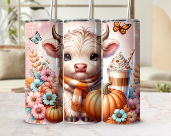 Design en sublimation automne vache Highland, gobelet skinny 20 oz en téléchargement numérique PNG, emballage de gobelet vache Highland automne pastel