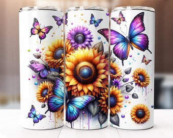 Butterflies With Sunflowers Tumbler Wrap, 20oz Skinny Digital Download PNG, Seamless Sunflower Butterfly Sublimation Design