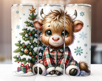 May include: A white tumbler featuring a cartoon Highland cow in a red and green plaid pajama set. A Christmas tree with ornaments and gifts is on the left. Snowflakes and a gold star decorate the background.