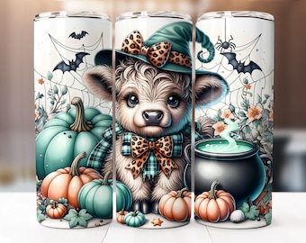 Seamless Halloween Highland Cow Tumbler Wrap, 20oz Skinny Tumbler Digital Download PNG Cute Cow Tumbler Halloween Sublimation Design