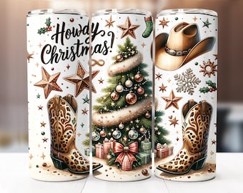 Seamless Country Western Christmas Tumbler Wrap, 20oz Skinny Tumbler Digital Download PNG, Howdy Christmas Sublimation Design