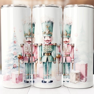 Conception de sublimation de casse-noisette de Noël vert pastel et rose, 20oz Skinny Tumbler Téléchargement numérique PNG, Tumbler Wrap