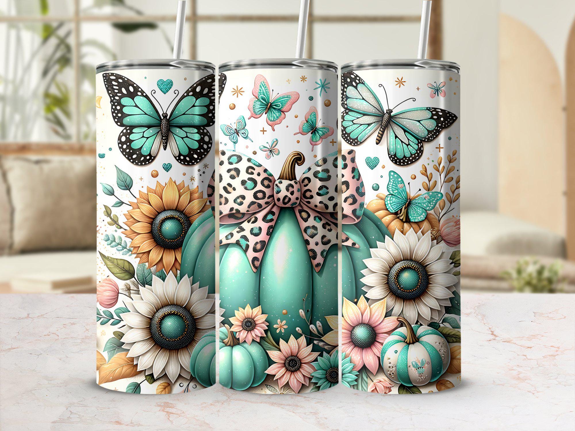 Seamless Autumn Pumpkin Tumbler Wrap, 20oz Skinny Tumbler Digital Download PNG, Leopard Print Pumpkin Sublimation Design