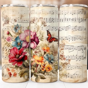 Music Notes Sheet Sublimation Design, 20oz Skinny Tumbler Digital Download PNG, Tumbler Wrap, Floral Music