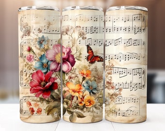 Music Notes Sheet Sublimation Design, 20oz Skinny Tumbler Digital Download PNG, Tumbler Wrap, Floral Music