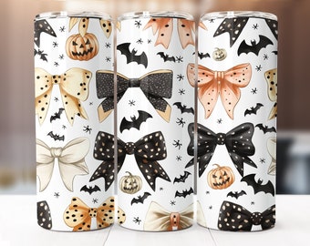 Halloween Sublimation Design, 20oz Skinny Tumbler Digital Download PNG, Halloween Bows and Bats Tumbler Wrap