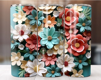 3D Flowers Sublimation Design, 20 oz Skinny Tumbler Digital Download, Tumbler wrap PNG