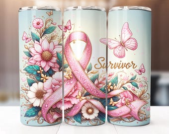 Breast Cancer Tumbler Wrap, 20oz Skinny Tumbler Digital Download PNG, Cancer Survivor Pink Awareness Ribbon Sublimation Design