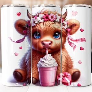 Baby Highland Cow Valentine Sublimation Design, 20oz Skinny Tumbler Digital Download PNG, Highland Cow Tumbler Wrap