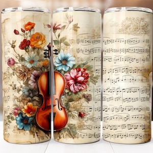 Music Notes Sheet Sublimation Design, 20oz Skinny Tumbler Digital Download PNG, Tumbler Wrap, Floral Music