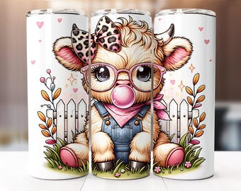 Highland Cow Blowing Bubble Tumbler Wrap, 20oz Skinny Tumbler Digital Download PNG, Cow Sublimation Design