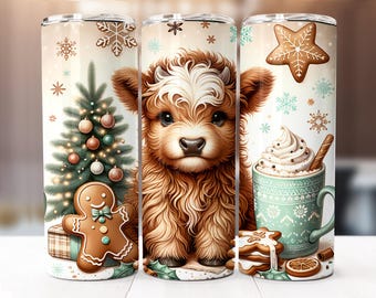 May include: A set of three insulated tumblers with a festive Christmas theme. Designs include a Highland cow, a Christmas tree, gingerbread man, hot chocolate, and snowflake accents. The tumblers are cylindrical and feature a glossy finish.